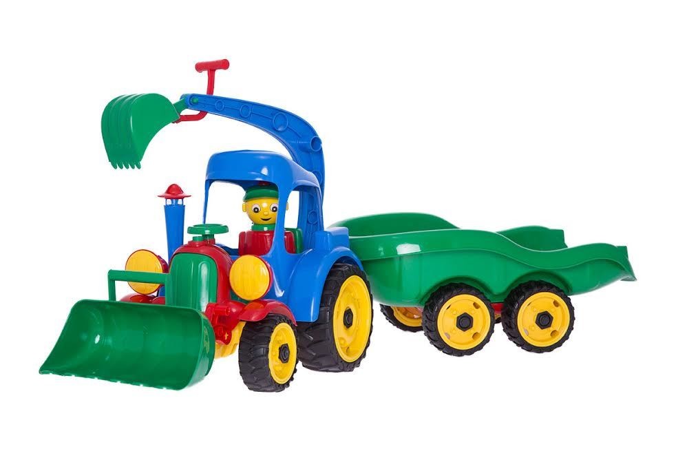 Traktor se lžíci, bagrem a vlečkou