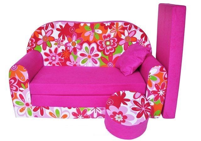 Rozkládací dětská pohovka s bobkem a polštářkem Kytičky