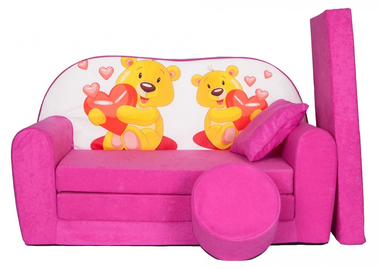 Rozkládací dětská pohovka s bobkem a polštářkem Méďové