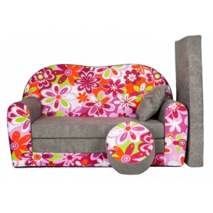 Rozkládací dětská pohovka s bobkem a polštářkem Kytičky