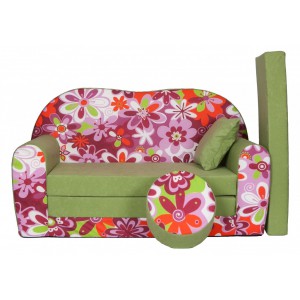 Rozkládací dětská pohovka s bobkem a polštářkem Kytičky