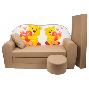 Rozkládací dětská pohovka s bobkem a polštářkem Méďové